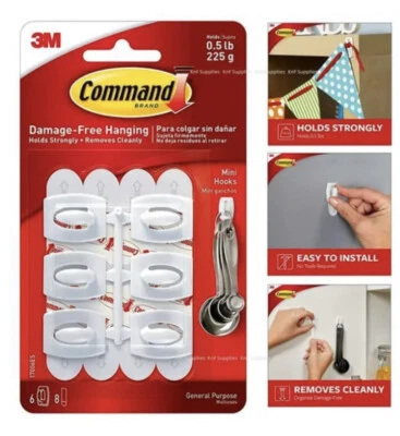 3M Command White Plastic Damage Free Mini Adhesive Hanging Hooks 6x Hooks 8x Str - Image 1 of 4