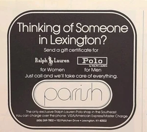 Polo Parrish Lexington KY Ralph Lauren regalos anuncio impreso vintage 1979 - Imagen 1 de 4