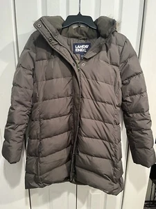Lands End Long Down Puffer Coat Medium Petite Fur Trim Removable Hood Olive - Picture 1 of 8