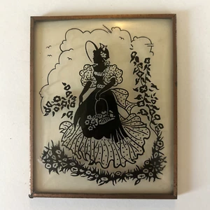 Vintage Reverse Painted Silhouette Convex Bubble Glass Picture 4x5 Lady w/Flower - Picture 1 of 10