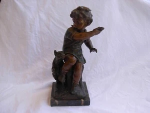 ANTIQUE FRENCH SPELTER STATUE,BOY WITH DOG,SIGNED,LATE 19th CENTURY. - Picture 1 of 12