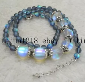 Collier pierre précieuse arc-en-ciel brillant gris + 12 mm pierre de lune 18'' 6 mm + 12 mm - Photo 1/12