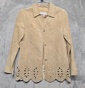 Lord and Taylor Jacket Womens Sz Small Beige Tan Suede Leather Laser Cutout - Picture 1 of 20