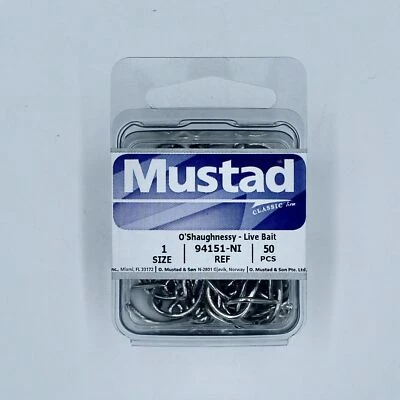 Mustad O'Shaughnessy Live Bait Hook 94151-NI Size 1 50 Pack - Image 1 of 2