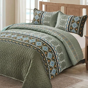 Boho Green Quilt Set Queen,3 Piece Olive Green Fall Bedspread Coverlet Set wi... - Picture 1 of 1