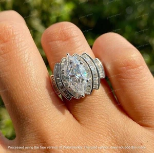 3Ct Marquise Cut Lab Created Diamond Wedding Ring 14k White Gold Plated Women's - Picture 1 of 7