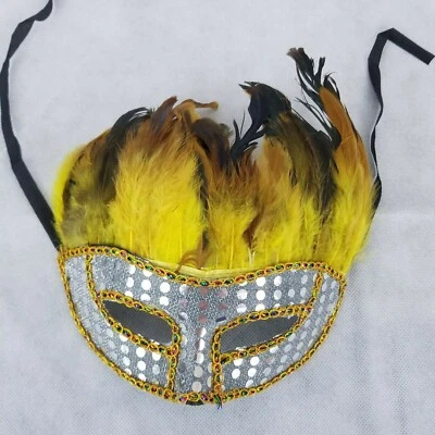 Costume Masquerade Ball Eye Mask Black Brown Yellow White Halloween, Feathered - Image 1 of 2