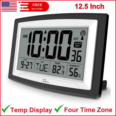 WallarGe Atomic Clock With Indoor Temperature And Humidity, 12.5" Self-Setting