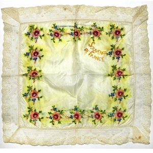 Antique Vintage French Silk Lace Handkerchief Hand Embroidery Flowers France - Picture 1 of 7