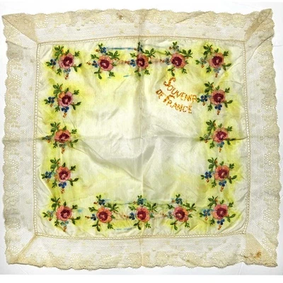 Antique Vintage French Silk Lace Handkerchief Hand Embroidery Flowers France - Image 1 of 4