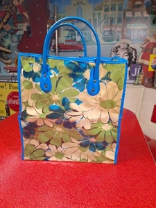 True VTG Mid-century Mod 1960s Flower Power Vinyl Tote Bag Purse Clear Avocado - Picture 1 of 13