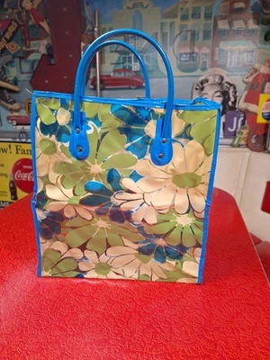 True VTG Mid-century Mod 1960s Flower Power Vinyl Tote Bag Purse Clear Avocado - Image 1 of 4