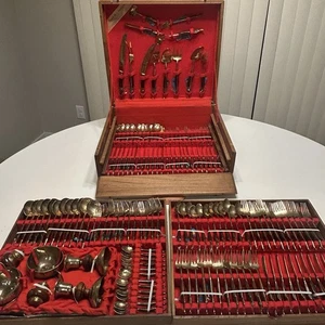 Vintage Bangkok Thailand 143 pcs Factory Bronze Flatware Cutlery Set Wooden Case - Picture 1 of 24