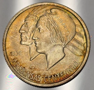 Unc Rainbow Toned 1935 P Arkansas Commemorative Silver Half Dollar US Coin Bu - Picture 1 of 6