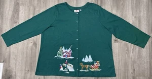 Quacker Factory Christmas Cardigan Women 3x Snap Green Snowman Horse Presents - Picture 1 of 11