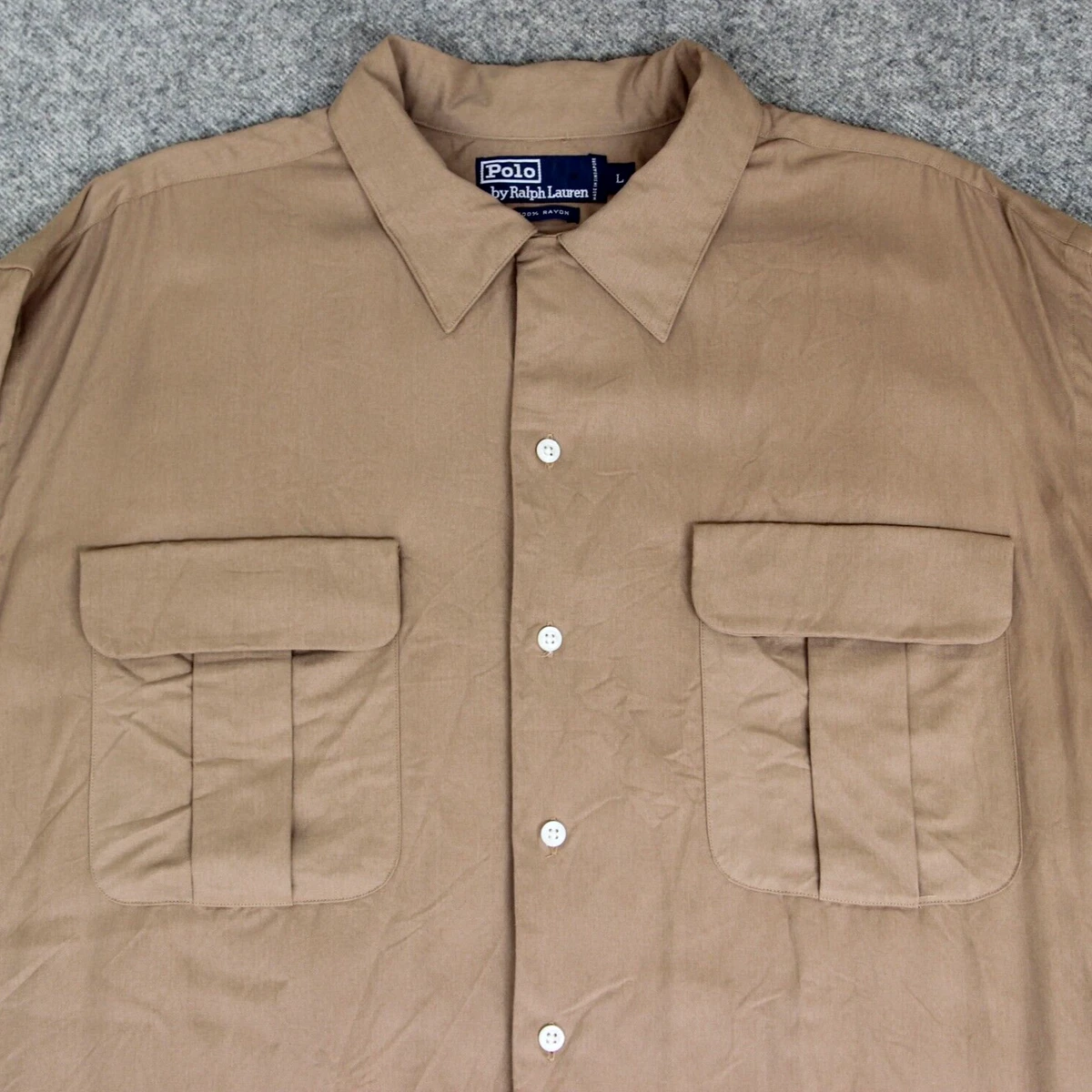 トップス 90s Polo by Ralph Lauren rayon shirt L VTG 90s Polo Ralph Lauren Shirt L Tan Rayon Loop Collar Long