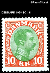 DÄNEMARK 1928 SC 131 KÖNIG CHRISTIAN X 10k VERMILLION & GELBGRÜN MHR OG ss - Bild 1 von 2