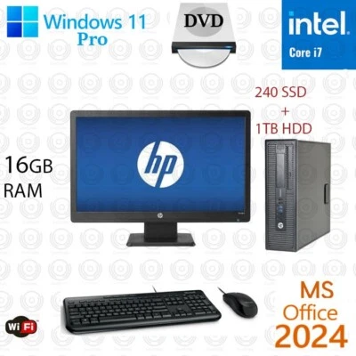 Windows 11 HP i7 3.4 ghz 16GB RAM 250GB SSD+1TB 24" LCD WiFi Desktop Computer PC - Image 1 of 4