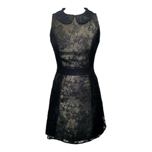 MONSOON Short Black Gold Lace Dress Size 8 Lined Stretch Collar FUSION - Picture 1 of 19