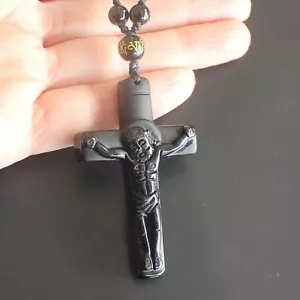 Crystal Natural black obsidian cross necklace Amulet pendant bead with chain - Picture 1 of 4