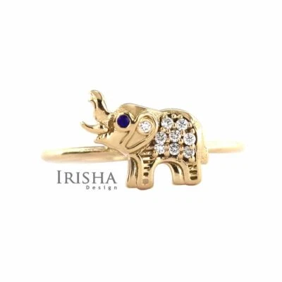 14K GOLD GENUINE DIAMOND BLUE SAPPHIRE GEMSTONE ELEPHANT RING FINE JEWELRY - Image 1 of 4
