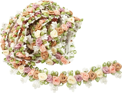 3Yards Flower Lace Edge Trim Vintage Ribbon Rose Pearl Beads Fabric Embroidered - Image 1 of 4