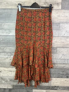 Falda Midi Peruvian Connection Talla UK 10 Borgoña Negra Seda Estampado Volantes - Imagen 1 de 10