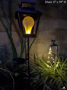 50" H, Solar LED Metal Lantern Garden Stake With Flickering Light Bulb - Picture 1 of 3