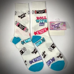 new TOOTSIE ROLL CANDY SOCKS white pink teal retro women/men ADULT CREW OSFM - Picture 1 of 5
