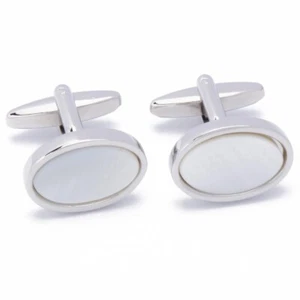 Cufflinks - Oval Silver with White Mother of Pearl - Picture 1 of 5