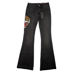 Ed Hardy Jeans Womens 26x32.5 Black Slim Flare Tiger Head Embroidered Denim $105 - Picture 1 of 8