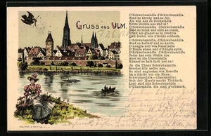 Lithographie Ulm, Uferpartie mit Dom 1903 - Picture 1 of 2