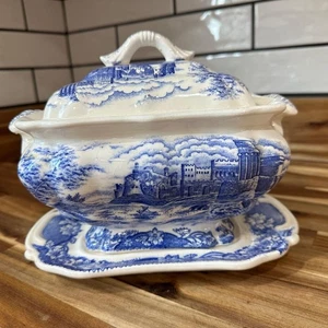 Vintage 1960s Trimont Ware Tureen with Lid and Underplate - Blue White Porcelain - Picture 1 of 10