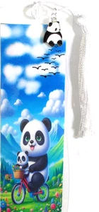 CHARM ON TASSEL - PANDA BEARS RIDING BIKE/BUTTERFLIES,FLOWERS,DOG,CATS-BOOKMARK - Bild 1 von 2