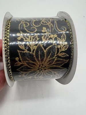 New Christmas Ribbon 2.5" X 30 FT Black & Gold Wired Edged Ribbon - Image 1 of 3