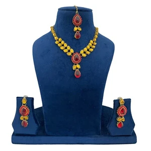 Kundan Polki Gold Plated Necklace Set With Earrings Mang Tikka For Women - Picture 1 of 5