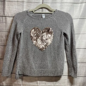 Justice Sweater Girls Sz 12 Gray Tan Sequin Heart Side Slits Metallic Threads - Picture 1 of 5