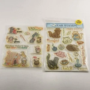 Lot of 2 NOS Holiday And Kitty Themed Clear Unmounted Stamps Vintage - Picture 1 of 7