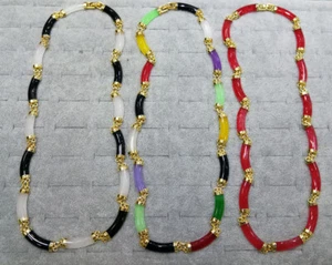 Green Red Purple White Yellow Jade Black Agate Gold Plated Link Necklace Women  - Picture 1 of 16