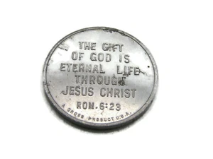 A Gospel Coin Christian Scripture Acts 16:31 Rom 6:23 Silver Tone - Picture 1 of 4