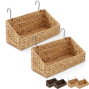 2pk Hanging Baskets with Hooks, Woven Wicker Hyacinth Wall Mount Storage Bins - Picture 1 of 15