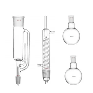 Estrattore Soxhlet 250 ml 24/40 con condensatore Graham e due bottiglie piatte vetro da laboratorio - Foto 1 di 5