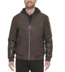 Calvin Klein Herren Kunstleder Bomberjacke mit Rippstrickbesatz Braun L - Bild 1 von 1