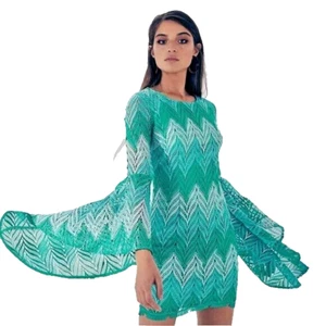 MOSSMAN Rise And Fall Green Lace Overlay Bell Sleeve Mini Dress Size 12 AU /8 US - Picture 1 of 16