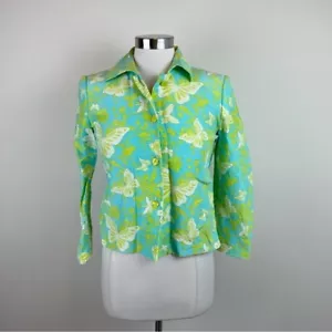Dana Buchman Green Blue Butterfly Collared Linen Silk Jacket Women Size 2 - Picture 1 of 7