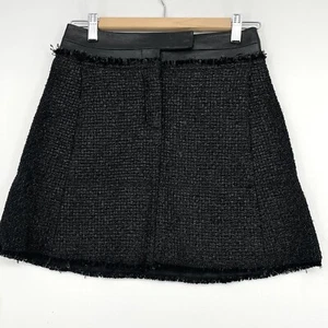 Kaufman Franco Tweed Mini Skirt Size 2/38 Black Faux Leather USA Made Vtg Luxury - Picture 1 of 11