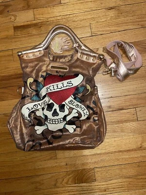 Ed Hardy Loves Kills Slowly Skull Roses Large Boho Purse Bag - Image 1 of 4