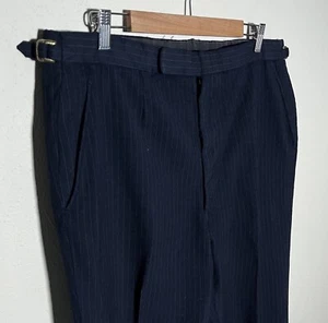 Oxxford Clothes Bespoke Blue Striped Wool Dress Pants Side Tabs TRAD Mens 38x28 - Picture 1 of 8