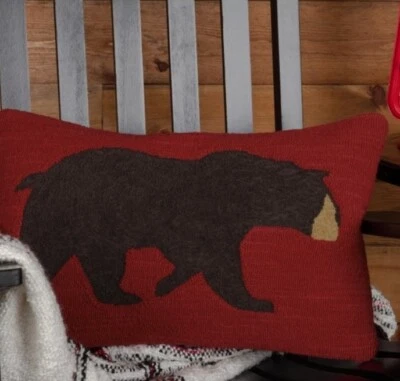 Wyatt BLACK BEAR Wool HOOKED PILLOW 14x22 Lodge Cabin Country VHC Brands NWT - Image 1 of 4