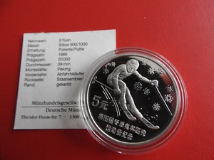 * China 5 Yuan 1988 Silber PP * Skiabfahrt * Olympia 1988 *  (Schub150) - Bild 1 von 2
